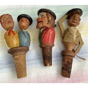 3 X ANRI Wine Stopper Wine Vintage Hand Carved & Painted Wood Tipping Hat Man